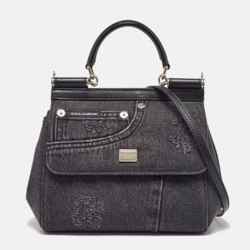 Pre Owned Dolce & Gabbana Black Patchwork Distressed Denim Medium Sicily Top Handle Bag
