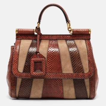 Pre Owned Dolce & Gabbana Multicolor Suede and Python Stripe Miss Sicily Top Handle Bag