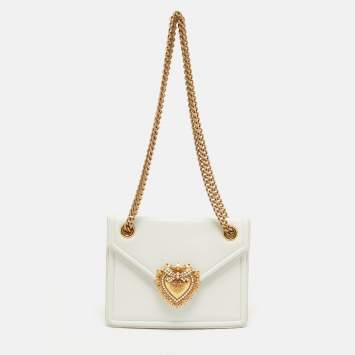 Pre Owned Dolce & Gabbana White Leather Devotion Chain Shoulder Bag