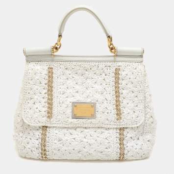Pre Owned Dolce & Gabbana White Crochet Straw and Leather Large Miss Sicily Top Handle Bag 
