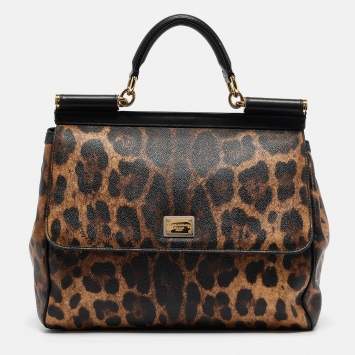 Pre Owned Dolce & Gabbana Black/Beige Leopard Print Coated Canvas and Leather Large Miss Sicily Top Handle Bag