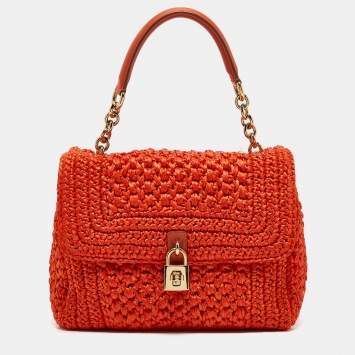 Pre Owned Dolce & Gabbana Orange Crochet Straw Padlock Top Handle Bag