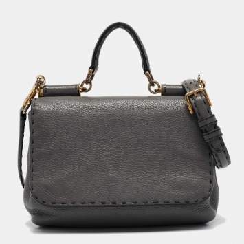 Pre Owned Dolce & Gabbana Grey Leather Miss Sicily Stitch Top Handle Bag