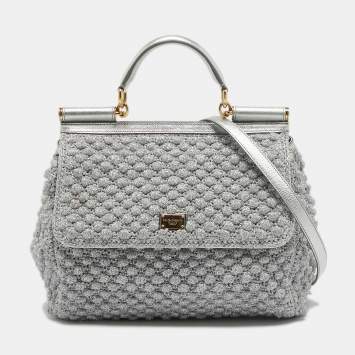 Pre Owned Dolce & Gabbana Silver Crochet Lurex Fabric and Leather Large Miss Sicily Top Handle Bag