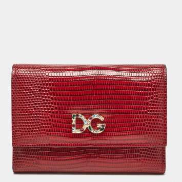 Pre Owned Dolce & Gabbana Red Lizard Embossed Leather DG Crystals Trifold Wallet
