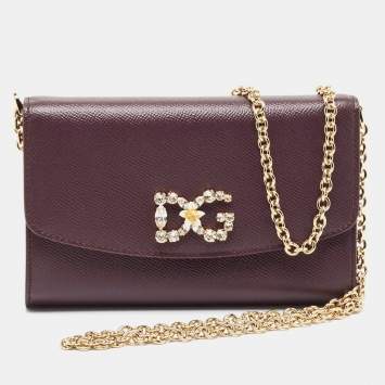 Pre Owned Dolce & Gabbana Purple Leather Crystal Logo Chain Clutch