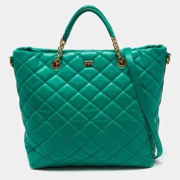 Pre Owned Dolce & Gabbana Green Quilted Leather Chain Shopper Tote