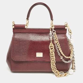 Pre Owned Dolce & Gabbana Burgundy Lizard Embossed Leather Small Miss Sicily Top Handle Bag
