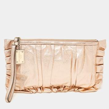Pre Owned Dolce & Gabbana Rose Gold Leather Ruffle Wristlet Clutch