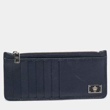 Pre Owned Dolce & Gabbana Navy Blue Leather Vertical Zip Card Case