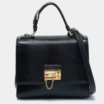 Pre Owned Dolce & Gabbana Black Lizard Embossed Leather Medium Miss Monica Top Handle Bag