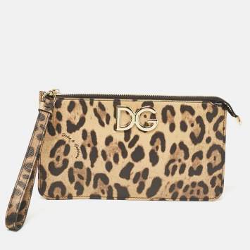 Pre Owned Dolce & Gabbana Brown/Black Leopard Print Coated Canvas Wristlet Clutch