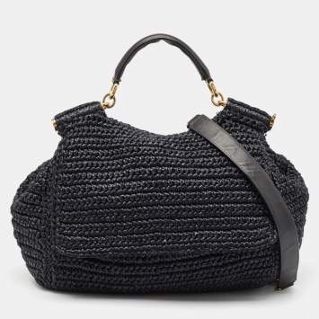 Pre Owned Dolce & Gabbana Black Crochet Straw and Leather Large Miss Sicily Top Handle Bag