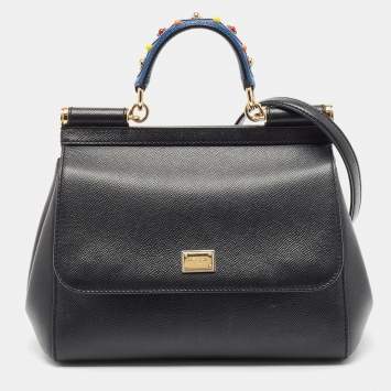 Pre Owned Dolce & Gabbana Black Leather Medium Studded Miss Sicily Top Handle Bag