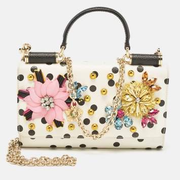 Pre Owned Dolce & Gabbana White/Black Polka Dot Print Leather Miss Sicily Von Embellished Wallet on Chain