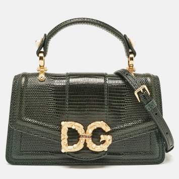 Pre Owned Dolce & Gabbana Green Lizard Embossed Leather Mini DG Amore Top Handle Bag