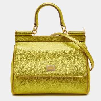Pre Owned Dolce & Gabbana Metallic Green Leather Small Miss Sicily Top Handle Bag