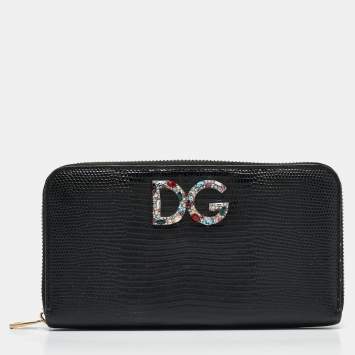 Pre Owned Dolce & Gabbana Black Lizard Embossed Leather DG Crystals Zip Continental Wallet