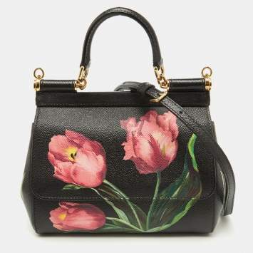 Pre Owned Dolce & Gabbana Black Leather Floral Small Miss Sicily Top Handle Bag