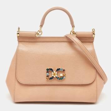 Pre Owned Dolce & Gabbana Beige Lizard Embossed Leather Medium Miss Sicily Top Handle Bag