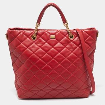 Pre Owned Dolce & Gabbana Red Quilted Leather Chain Shopper Tote