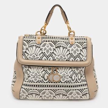 Pre Owned Dolce & Gabbana White/Beige Lace and Leather Large Miss Sicily Heritage Satchel