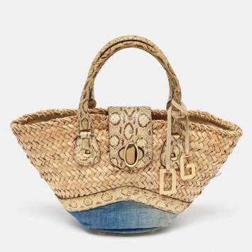 Pre Owned Dolce & Gabbana Multicolor Raffia, Denim and Python Miss Tookie Tote