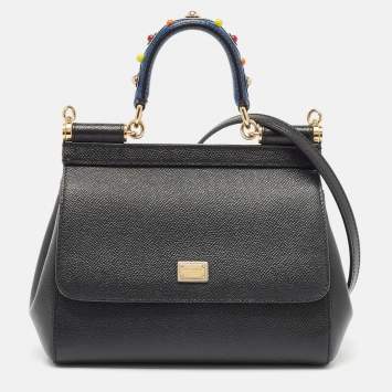 Pre Owned Dolce & Gabbana Black Leather Small Studded Miss Sicily Top Handle Bag