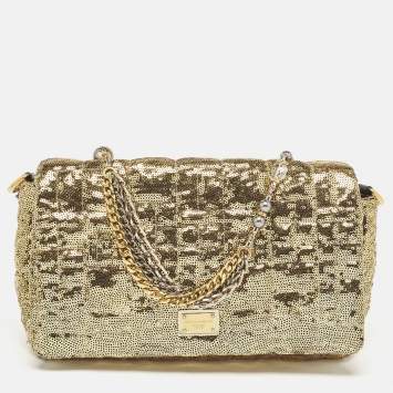 Pre Owned Dolce & Gabbana Gold Quilted Sequins Miss Charles Shoulder Bag