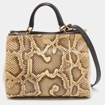 Pre Owned Dolce & Gabbana Cream/Light Beige Python Miss Sicily Shopper Bag