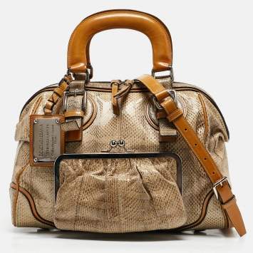 Pre Owned Dolce & Gabbana Yellow/Beige Snakeskin Miss Romantique Pocket Satchel