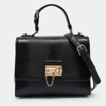 Pre Owned Dolce & Gabbana Black Lizard Embossed Leather Medium Miss Monica Top Handle Bag