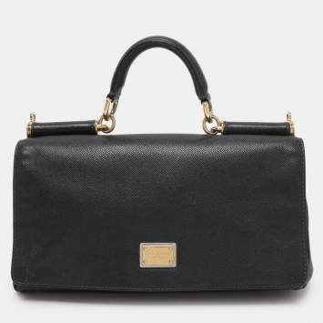 Dolce & Gabbana Black Leather Miss Sicily Chain Top Handle Bag