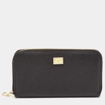 Pre Owned Dolce & Gabbana Black Leather Zip Continental Wallet