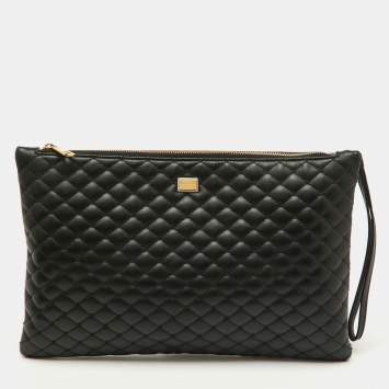 Pre Owned Dolce & Gabbana Black Quilted Leather Top Zip Pouch