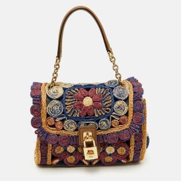 Pre Owned Dolce & Gabbana Multicolor Floral Raffia Miss Dolce Top Handle Bag