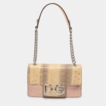 Pre Owned Dolce & Gabbana Beige/Rose Gold Leather and Snakeskin Leather DG Shoulder Bag