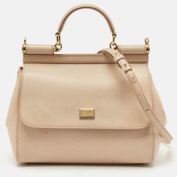 Pre Owned Dolce & Gabbana Light Beige Leather Medium Miss Sicily Top Handle Bag