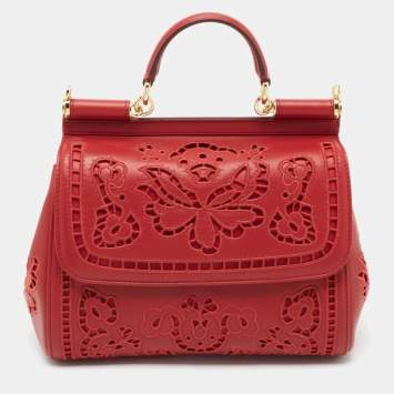 Pre Owned Dolce & Gabbana Red Laser Cut Leather Medium Miss Sicily Top Handle Bag