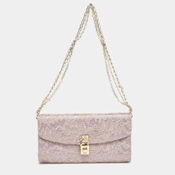 Pre Owned Dolce & Gabbana Pink Lace and Satin Padlock Chain Clutch