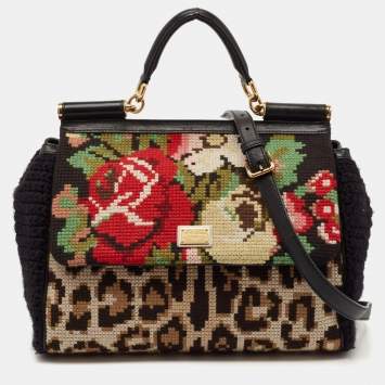 Pre Owned Dolce & Gabbana Black Crochet and Leather Floral Miss Sicily Top Handle Bag