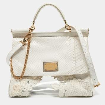 Pre Owned Dolce & Gabbana White Python and PVC Large Miss Sicily Top Handle Bag