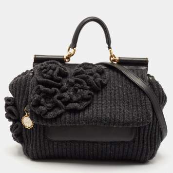 Dolce & Gabbana Black/Grey Wool and Leather Large Miss Sicily Top Handle Bag