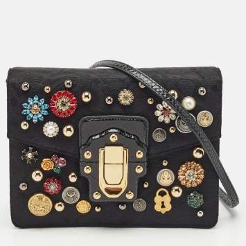 Pre Owned Dolce & Gabbana Black Jacquard Fabric and Snakeskin Embellished Lucia Shoulder Bag