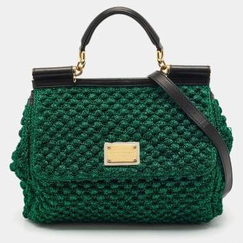 Pre Owned Dolce & Gabbana Metallic Green Crochet Lurex Fabric Large Miss Sicily Top Handle Bag