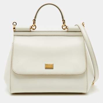 Pre Owned Dolce & Gabbana White Leather Medium Miss Sicily Top Handle Bag