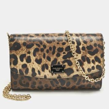 Pre Owned Dolce & Gabbana Brown Leopard Print Coated Canvas Dauphine Wallet On Chain