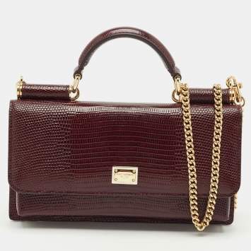 Pre Owned Dolce & Gabbana Dark Burgundy Lizard Embossed Leather Sicily Wallet on Chain