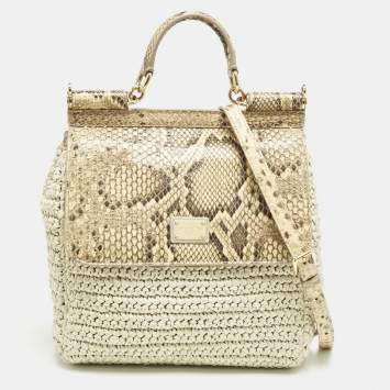 Pre Owned Dolce & Gabbana Beige/Off White Raffia and Python Miss Sicily Top Handle Bag