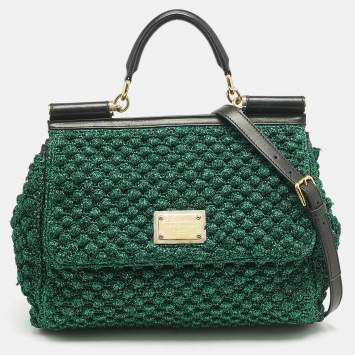 Pre Owned Dolce & Gabbana Green/Black Crochet Lurex Fabric Large Miss Sicily Top Handle Bag